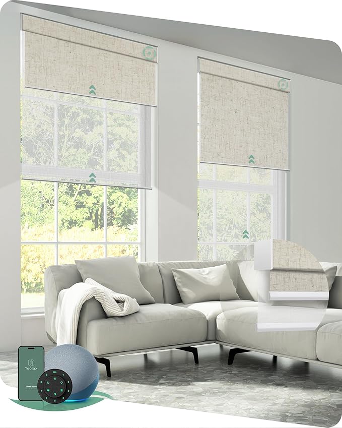 Yoolax Smart Dual Roller Shades, Motorized Blinds with Remote Smart Blinds Compatible with Alexa, Blackout & Sheer Automatic Dual Shades for Windows (Linen Beige & V-Haze White)