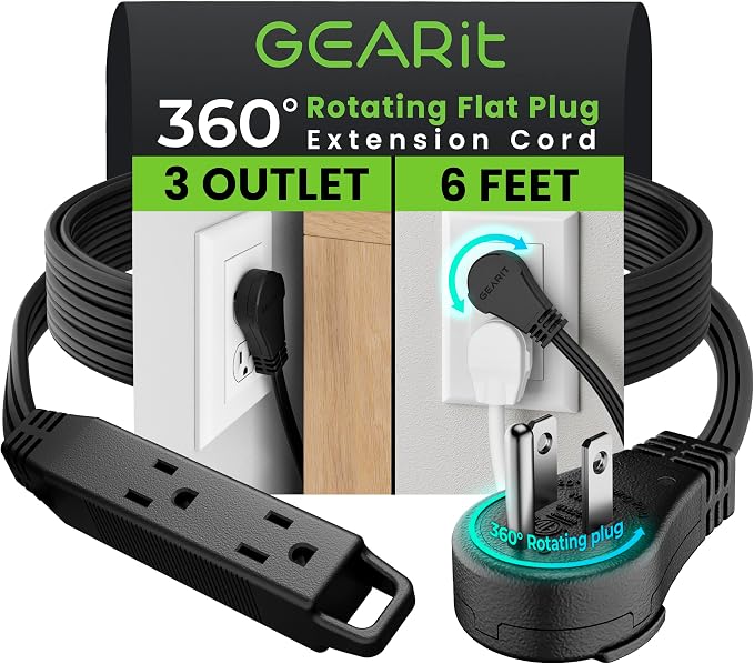 GEARit 6 ft 360° Rotating Flat Plug Extension Cord, 3 Outlet Low Profile Power Cord, 16 AWG 13A 3 Prong Grounded Indoor Cord, ETL Listed, Space-Saving for Furniture, Black