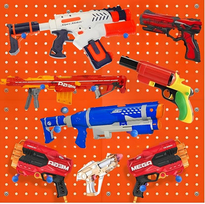 Wooden Peg Board for Nerf Gun Storage Organizer 13 x 13 x 0.31 in - Orange | 4 MDF Panels, 20 Wooden Pegs, Compatible with All Blasters Nerf Gun Rack Organizer for Wall Organization