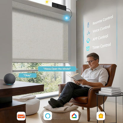 BERISSA Smart Motorized Blinds with Remote,No Drill Automatic Roller Blinds for Indoor Windows,Filter Linen Fabric,Electric Shades for Windows Home Office,Filter Linen Beige,Custom Size..