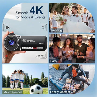 4K Camcorder Video Camera UHD 80MP IR Night Vision Vlogging Camera for YouTube,18X Digital Zoom Camcorder 3.0" 270° Rotation IPS HD Screen Video Recorder With 32GB SD Card, Lens Cap and 2 Batteries
