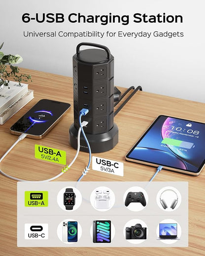 Power Strip Tower Surge Protector, JACKYLED 16 Outlets 6 USB (2 USB C) Charging Station, Extension Cord with Multiple Outlets, 1050J 1625W/13A Outlet Extender 6.5ft Extension Cord for Home Office
