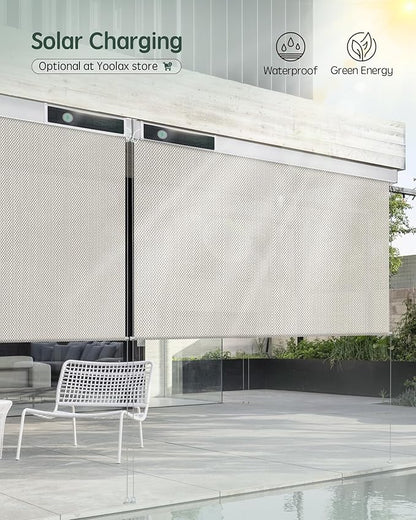 Yoolax Customized Motorized Outdoor Shades, Smart Blinds Compatible with Alexa Google, Remote Control Waterproof Blinds for Patio Porch Windows Outside (3% Openness Beige)