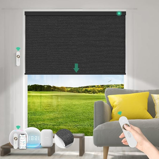 Motorized Blinds with Remote [100% Blackout & Silent Motor] Smart Blinds Compatible with Alexa Google HomeKit, Electric Roller Shades for Indoor Windows, Customized Size, Linear Nightfall