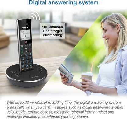VTech LS6381 DECT 6.0 Cordless Phone with Bluetooth Speaker, Echo Cancellation, Noise Reduction, Music Streaming, Landline Phone with Answering Machine Easy to Read Smart Call Blocker