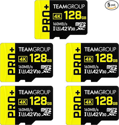 TEAMGROUP A2 Pro Plus Card 128GB x 5 Pack Micro SDXC UHS-I U3 A2 V30, R/W up to 160/110 MB/s for Nintendo-Switch, Gaming Devices, Tablets, Smartphones, 4K Shooting, with Adapter TPPMSDX128GIA2V3003