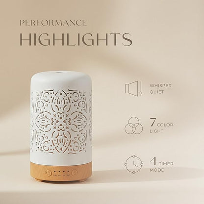 Earnest Living Essential Oil Diffuser White Ceramic Diffuser 100 ml Timers Night Lights and Auto Off Function Home Office Humidifier Aromatherapy Diffusers for Essential Oils