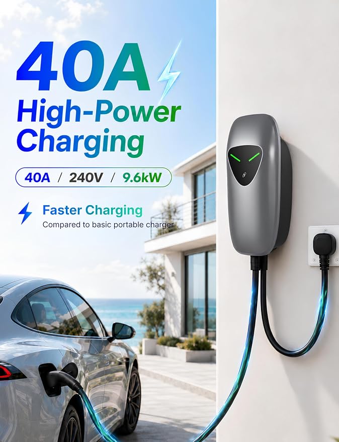 40A Level 2 EV Charger Station, J1772 240V 9.6kW WiFi App 25ft | Garage Home Driveway EV Charger,2.4GHz Smart Control,RFID Access,Indoor Outdoor Installation,UL ETL FCC Certified,Overheat