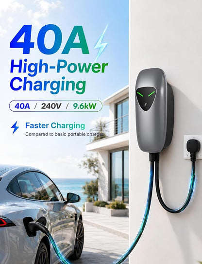 40A Level 2 EV Charger Station, J1772 240V 9.6kW WiFi App 25ft | Garage Home Driveway EV Charger,2.4GHz Smart Control,RFID Access,Indoor Outdoor Installation,UL ETL FCC Certified,Overheat