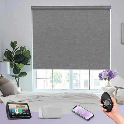 Graywind Smart Blackout Roller Shades Compatible with Alexa Google Textured Fabric Rechargeable Motorized Blinds Cordless Remote Control Window Shades, Custom Size (Weaving Cloud) (GW-QZYM-TH00)