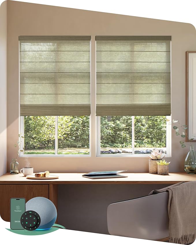 Yoolax Motorized Roman Shades with Remote, Smart Roman Shades for Windows, Light Filtering Automatic Blinds Work with Alexa, Google, Apple Homekit for Living Room, Dining Room, Customized (Woven Dune)