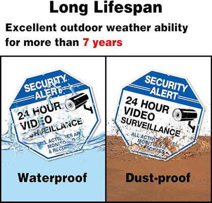 (4 Pack)"Security Alert - 24 Hour Video Surveillance, All Activities Monitored" Signs,10 x 10 .040 Aluminum Reflective Warning Sign for Home Business CCTV Security Camera, Indoor or Outdoor Use,Blue