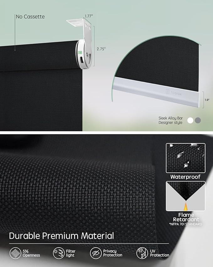 Yoolax Smart Coupled Solar Shades Compatible with Alexa, Motorized Blinds with Remote Flame Retardant Coupled Roller Shades for X-Large Windows, Custom Size (XL - 5% Openness Black)