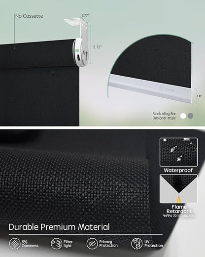 Yoolax Smart Coupled Solar Shades Compatible with Alexa, Motorized Blinds with Remote Flame Retardant Coupled Roller Shades for X-Large Windows, Custom Size (XL - 5% Openness Black)
