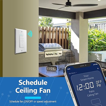 LIDER Smart Fan Switch, Wi-Fi 4-Speed Fan Control Switch, Single Pole Only, 2.4GHz WiFi Remote Control Ceiling Fan Switch, Neutral Wire Required, 120V, 1.5A Motor, LED Indicator Speed, White