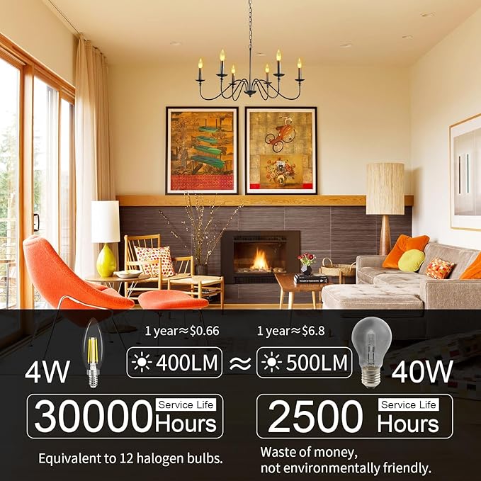comzler E12 LED Candelabra Bulb Dimmable, 2700K Warm White, 40W Equivalent, Type B Chandelier Light Bulb, B11 Edison Filament for Ceiling Fan, 400LM, Pack of 12