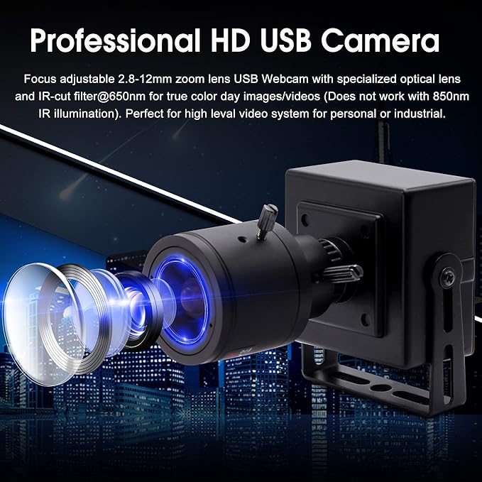 3MP USB Camera 2.8-12mm varifocal Lens Webcam Webcamera for Windows Android Linux Mac Video Comference Webcams Plug &Play OTG USB 2.0 Compact Security Camera