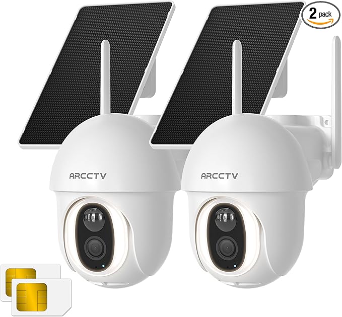 ARCCTV 4G LTE Cellular Security Camera Outdoor, Wireless Solar Powered, no WiFi, SIM Card Included, 4MP Color Night Vision, 360° Pan-Tilt, Local/Cloud Storage