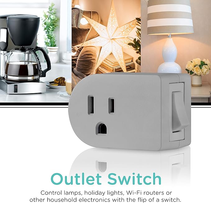 UltraPro Grounded Power Switch, 2 Pack, Outlet Extender, 3 Prong, for Indoor Lights and Small Appliances, Energy Efficient Adapter, Space Saving Design, UL Listed, 47943 , Grey, Pack of 2