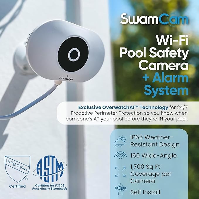 SwamCam Pool Alarm Wi-Fi Camera System – ASTM F2208 Certified – Smart Pool Safety for In-ground & Above-Ground Pools – Real-Time Alerts & Live View, Without Wi-Fi Repeater