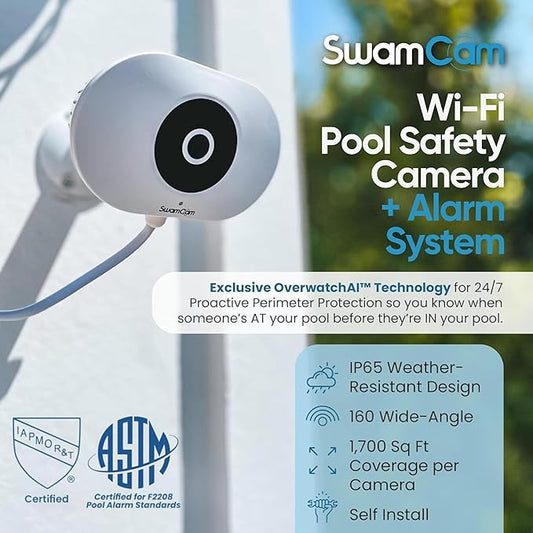 SwamCam Pool Alarm Wi-Fi Camera System – ASTM F2208 Certified – Smart Pool Safety for In-ground & Above-Ground Pools – Real-Time Alerts & Live View (Camera & Repeater/Alarm Only)