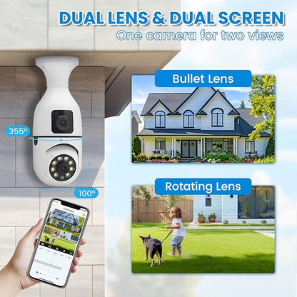 Light Bulb Security Camera, 2K/3MP Outdoor Wireless 2.4G Hz WiFi E27 Camera for Home Security, 24/7 Recording, Motion Detection and Alarm (Dual Lens) (1)