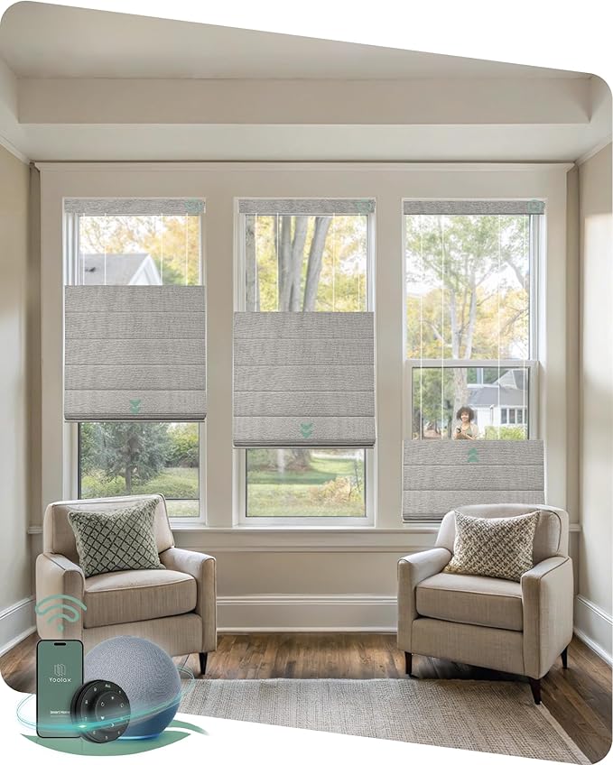 Yoolax Smart Top Down Bottom Up Roman Shades, Motorized Roman Shades with Remote, Blackout Smart Blinds Work with Alexa, Google Home, Apple Homekit for Living Room Bedroom, Customized (Wood Stripe)