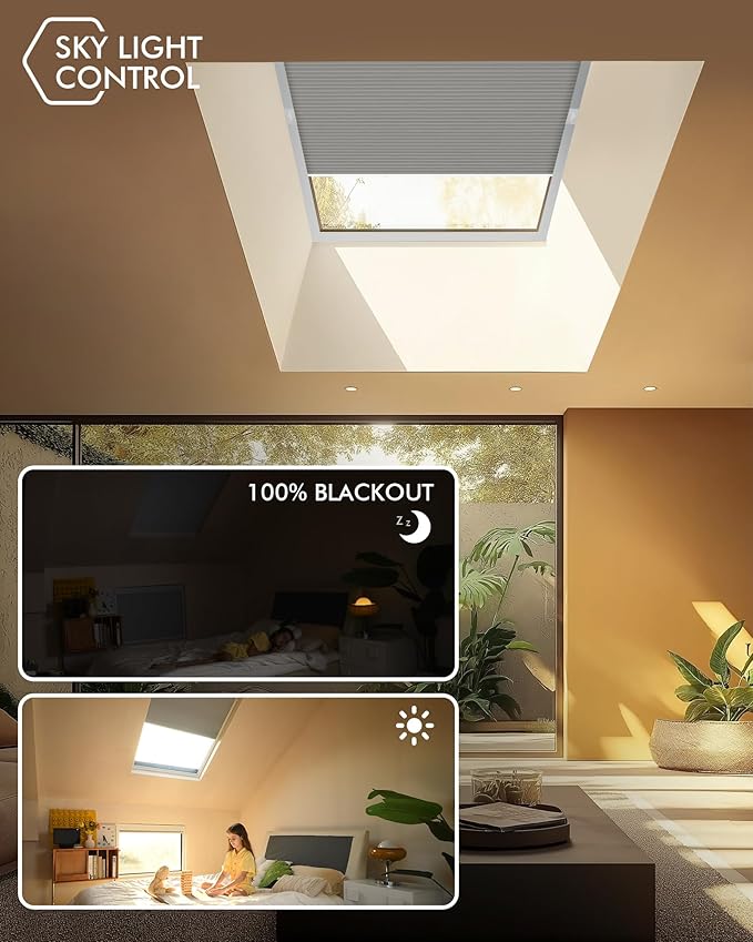 Yoolax Motorized Skylight Shades, Smart Cellular Shades Compatible with Alexa Google, Electric Cordless Honeycomb Blinds with Remote for Roof Inclined Plane Room (Blackout Light Grey)