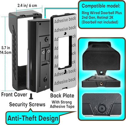 Anti-Theft Angle Adjustable Doorbell Coverd Mount Bracket for Ring Wired Doorbell Plus (Newest Model) 2K 2025 Release, Both Drill & No Drill Aavailable with Security Screws (Covered)