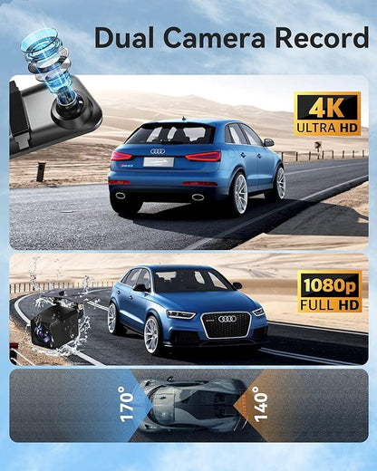 12'' Rearview Mirror Camera with CarPlay&Andorid Auto,4K Mirror Dash Cam Front and Rear Backup Camera with Reverse Assist/Loop Record/G Sensor/Voice Control&Split Touch Screen,64GB Card Included