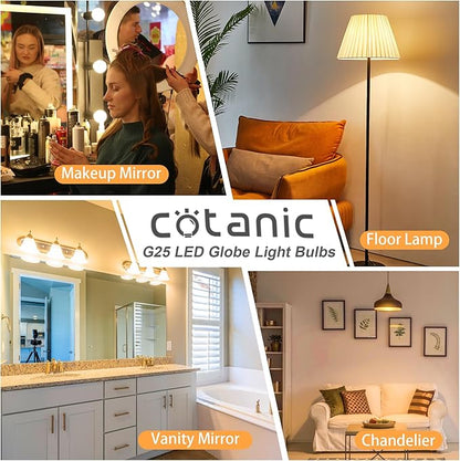 Cotanic 12 Pack G25 LED Vanity Light Bulb 3000K Soft White, Bathroom Round Light Bulb, E26 Standard Base, 5W, 60 Watt Equivalent Incandescent Replacement, 500LM, Non-Dimmable