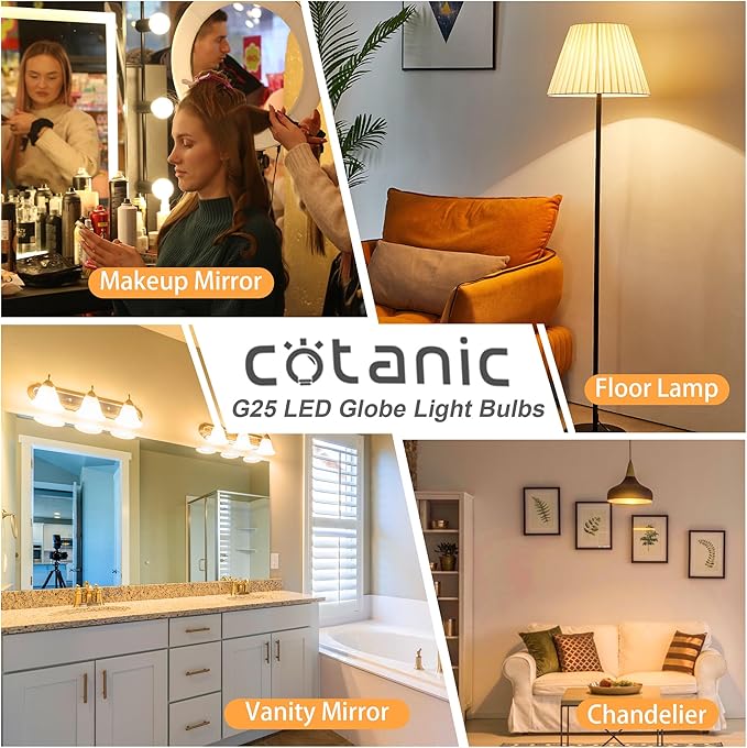 Cotanic Bathroom Round Light Bulb, E26 Standard Base, 5W, 60 Watt Equivalent Incandescent Replacement, 500LM, Non-Dimmable, 8 Pack G25 LED Vanity Light Bulb 3000K Soft White