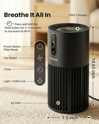 HEPA Air Purifiers for Home Pets, Smart WiFi Air Purifiers for Bedroom, Timer and Alexa Control, Cover 1800 Ft², PM2.5 Monitor, Sleep Mode, Washable Filter Air Cleaner for Pet Hair Odors Smoke Dust