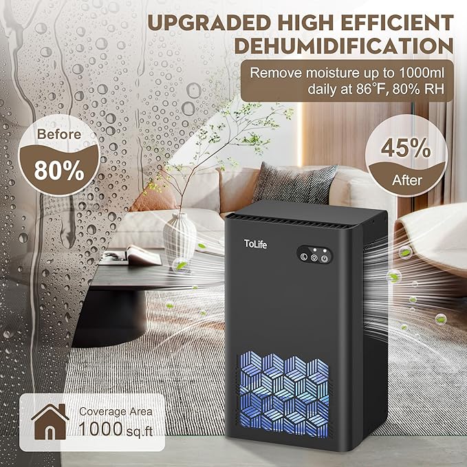 ToLife Dehumidifier for Home, 1000 sq.ft Dehumidifiers for Basement Bathroom Bedroom with 95 OZ Water Tank, Auto Shut Off 7 Colors LED Light, Black