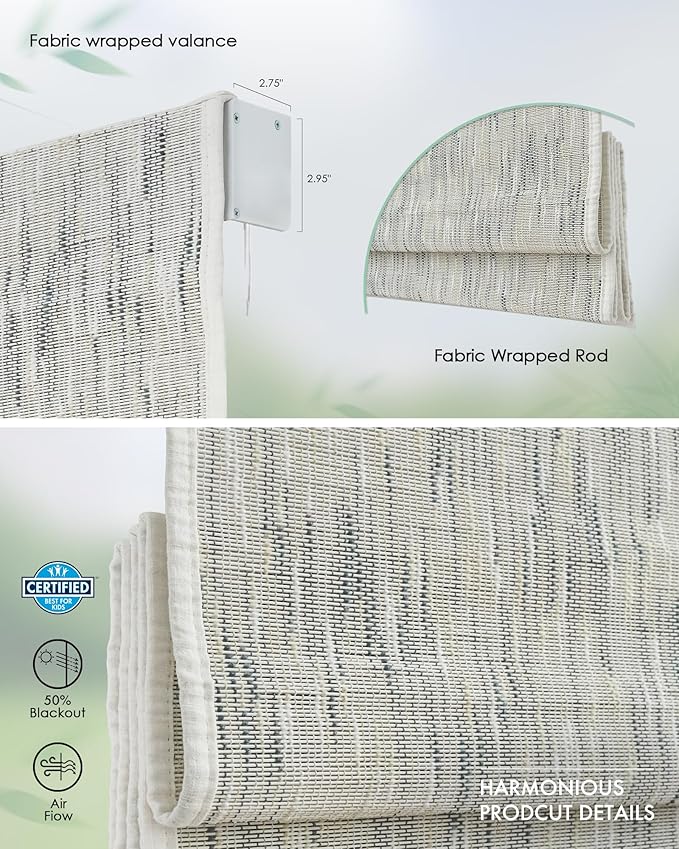 Yoolax Motorized Bamboo Roman Shades with Remote, Smart Roman Shades for Indoor Windows, Light Filtering Automatic Blinds Work with Alexa, Google, Apple Homekit, Customized (Bamboo Woven Flake White)