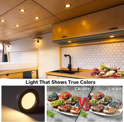 acegoo RV Recessed Ceiling Light 2-3/4” 12V Dimmable LED Puck Light for Campervan Truck Caravan Boat Roof Under Cabinet Lighting, Flush Mount Cutout 2-1/4" (Black,Warm White) 4 Pack