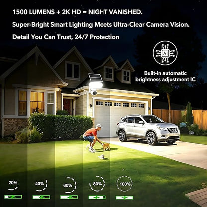 Solar Floodlight Camera with 1500LM Bright Lights-2K Wireless Outdoor Security PT Cam, Motion Activated Color Night Vision Illuminates Entire Yard & Driveway, No Monthly Fee, 64GB SD Card Included