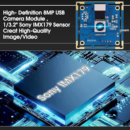 Autofocus USB Camera 8MP 4K Camera Module with 72° Distortion Free Lens,Plug and Play UVC USB2.0 for PC Computer,Compatible with Windows Linux,Ideal for Industrial Security Video Surveillance