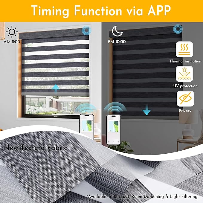 Persilux Motorized No Drill Zebra Smart Shades with Remote Smart Alexa Zebra Blinds for Indoor Windows Light Filtering, Dual Layer,Custom Sizes,Bella Dark Gray,RS20287-11