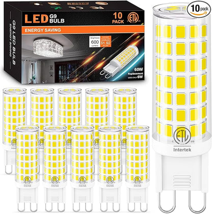 10 Pack G9 LED Bulbs 4000K Natural Daylight 6W (60W Halogen Equivalent) T4 Chandelier Light Bulbs G9 Bi Pin Ceramic Base, No-Flicker AC120V 600LM 360°Beam Angle No-Dimmable