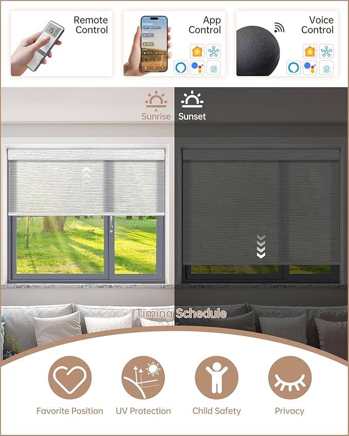 Kincmo Motorized Blinds with Remote, Light Filtering Roller Shades Work with Apple Homekit,Alexa,Google Home, Custom Electric Blinds with App,Voice Control (60% Blackout Atlantic Striped Grey)