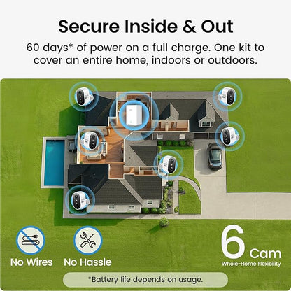 aosu Outdoor Security Cameras Wireless Home Surveillance System with aosuBase, Battery Powered, Cross-Camera Tracking, True 2K HD Color Night Vision, Spotlight, Motion Alert, Easy Setup, 6-Cam-Kit