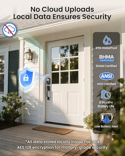 TEEHO TE012W-H WiFi Keypad Door Lock with Handle Set, Fingerprint Smart Locks, Front Door Keyless Entry, APP Remote & Voice Control, Digital Deadbolt with 2 Keys, Auto-Lock, Easy Install, Matte Black