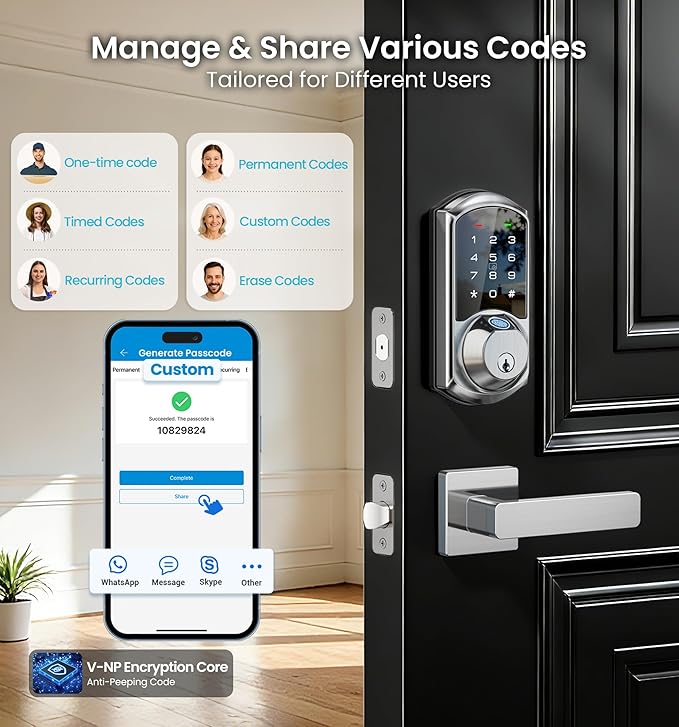 Veise VE07-L Fingerprint App Control Smart Locks with Heavy-Duty Zinc Alloy Handles, Keyless Entry for Front Door, Digital Electronic Touchscreen, Auto Lock, Waterproof, Easy Install, Satin Nickel
