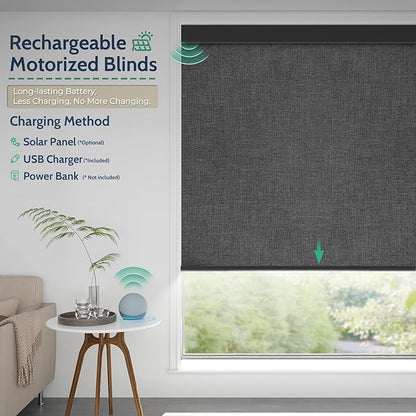 Motorized Blackout Rechargeable Roller Shades, Cordless Smart Blinds, Compatible with Alexa via Hub, Custom Blinds for Indoor Windows, Bouvardia Dark