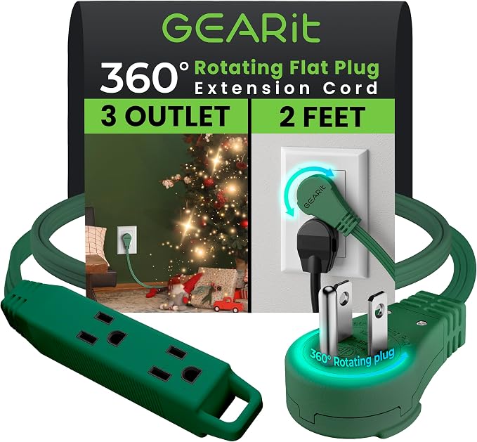 GEARit 2 ft 360° Rotating Flat Plug Extension Cord, 3 Outlet Low Profile Power Cord, 16 AWG 13A 3 Prong Grounded Indoor Cord, ETL Listed, Space-Saving for Furniture, Green