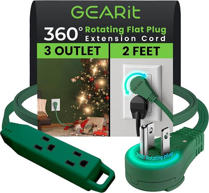 GEARit 2 ft 360° Rotating Flat Plug Extension Cord, 3 Outlet Low Profile Power Cord, 16 AWG 13A 3 Prong Grounded Indoor Cord, ETL Listed, Space-Saving for Furniture, Green