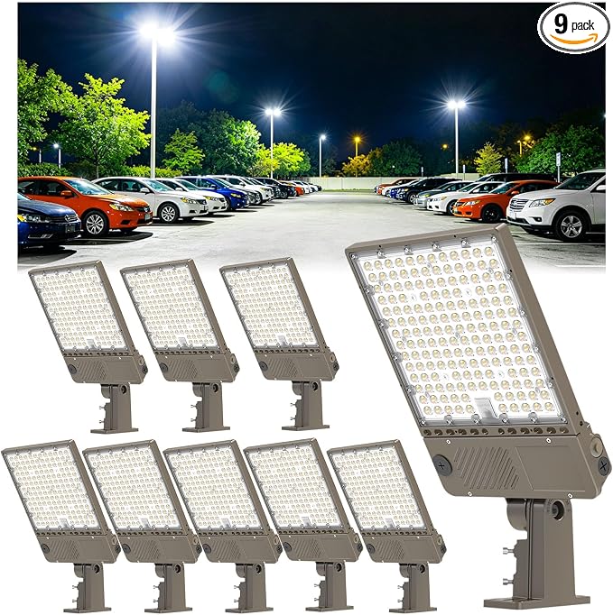 9 Pack 480V LED Parking Lot Light 320W/256W/192W, 3000K 4000K 5000K Adjustable 48000LM 0-10V Dimmable with Photocell, ETL Listed Shoebox Pole Lights Arm & Slip Fitter Mount, AC277-480V