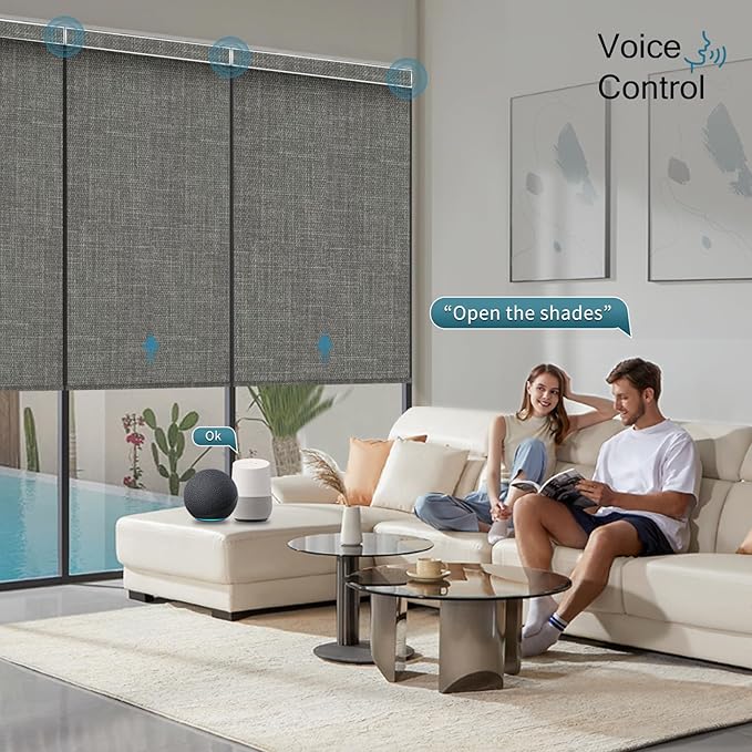 Motorized Roller Shade with Remote,100% Blackout Automatic Shades for Windows,Work with Homekit, Alexa, Google Home,Electric Blinds with Solar Pannel,Custom up110''Wx128''H,Gentle Dove