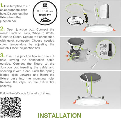 ASD 4 Pack 11/12 Inch LED Recessed Lighting 24W, 5 CCT 2700K-5000K CRI90+, IC Rated Ultra Thin Dimmable Ceiling Lights with J Box, Canless Wafer Downlight, Round Slim Panel Light, UL Listed, White